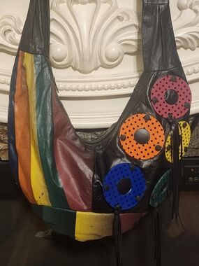 Color-Block Leather Hobo Bag with Polka Dot Accent Discs